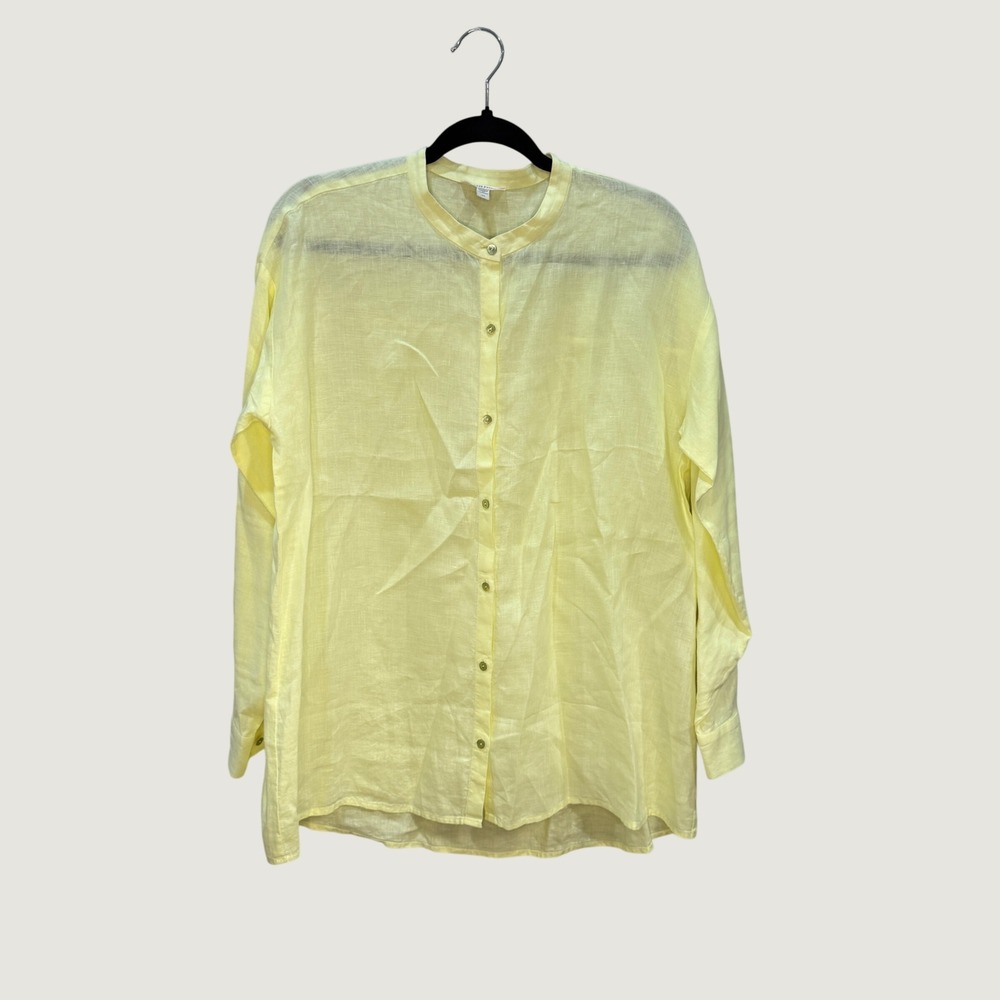 Eileen Fisher Butter Yellow Organic Linen Mandarin Collar Button Down Shirt S/P